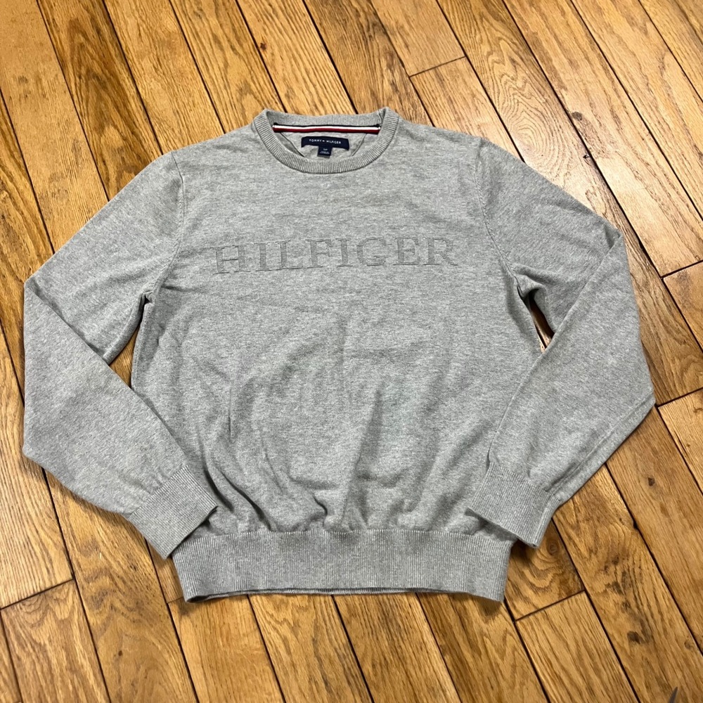 Tommy Hilfiger Mens Gray Embroidered Logo Crewneck Sweater Size Small Heathered